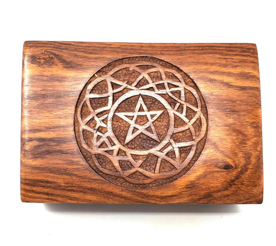 Pentagram in Celtic Circle Carved Wood Box 4 x 6"