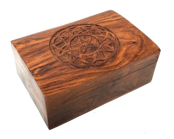 Pentagram in Celtic Circle Carved Wood Box 4 x 6"